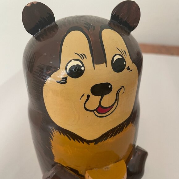 Vintage Hand Painted Wooden Bear Money Bank with Honey Barrel Coin Piggy Bank - Picture 2 of 9